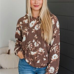 Floral Brown Hoodie - Women's Top